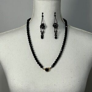 Black Beaded Necklace‎ & Dangle Earrings Set Evening Formal Jewelry